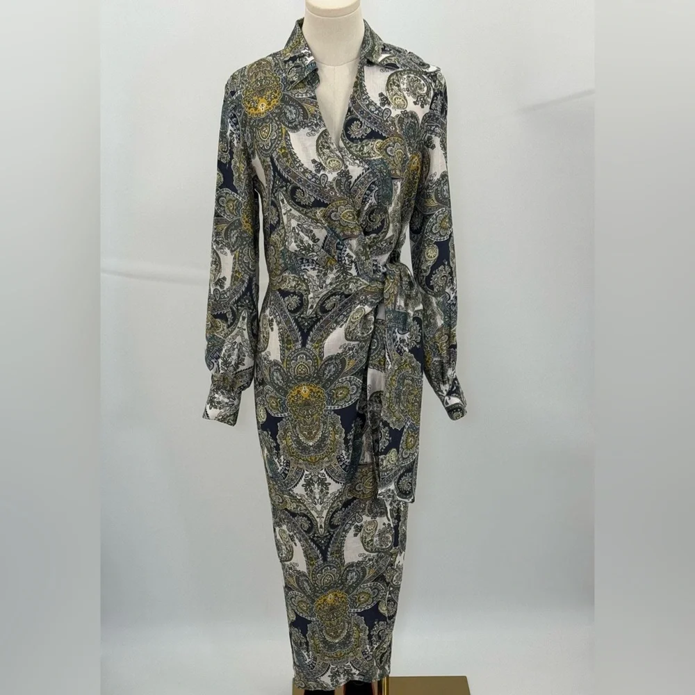 Magaschoni Sophisticated Paisley Belted Wrap Dress – Navy Gold Long Sleeve Midi - Picture 13 of 17